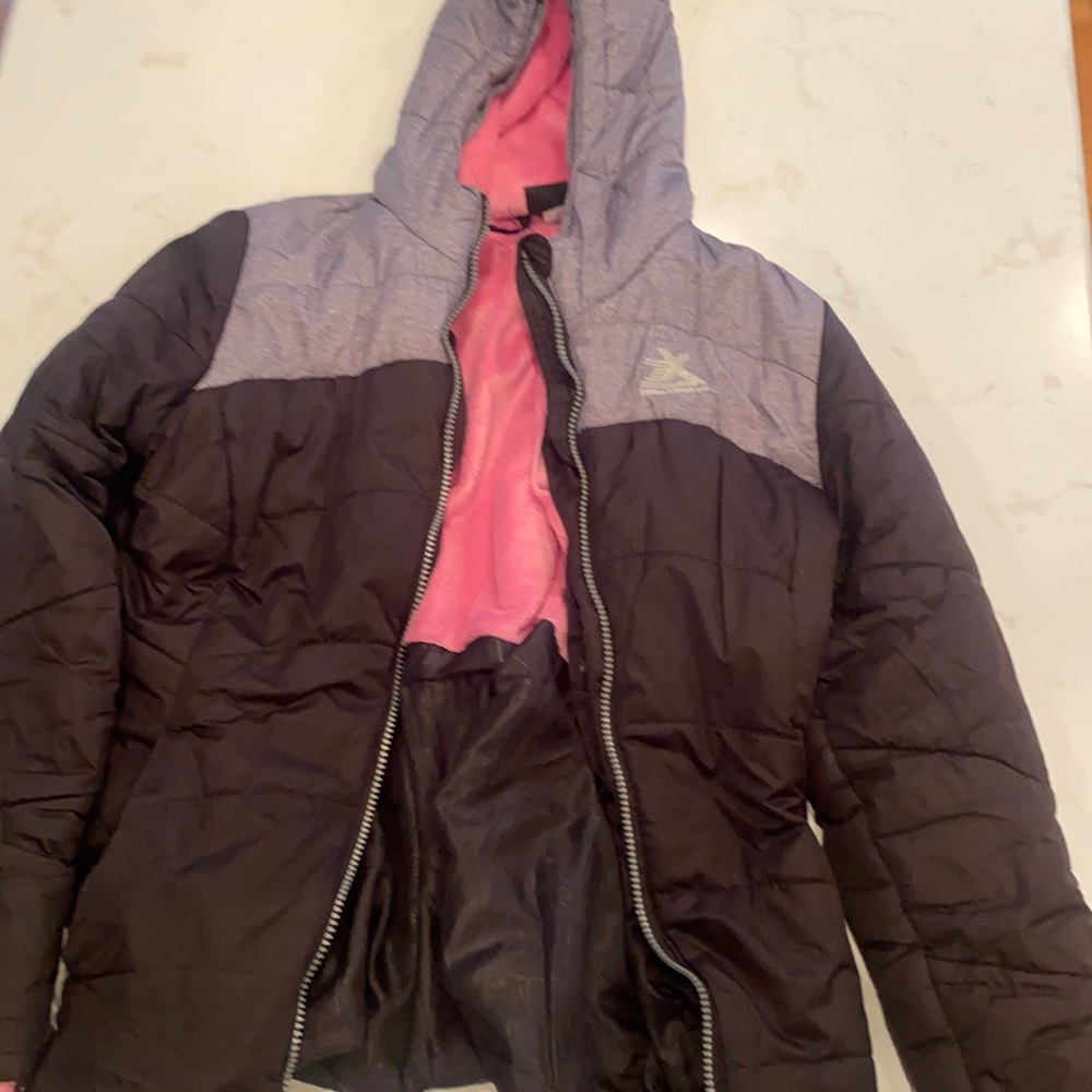 pink gray and black winter jacket